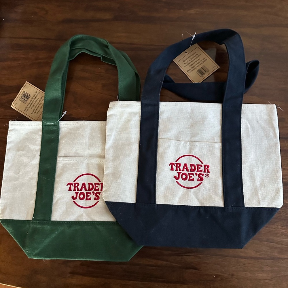 Trader Joe's Canvas Tote Bag - White with Navy and Green Trim